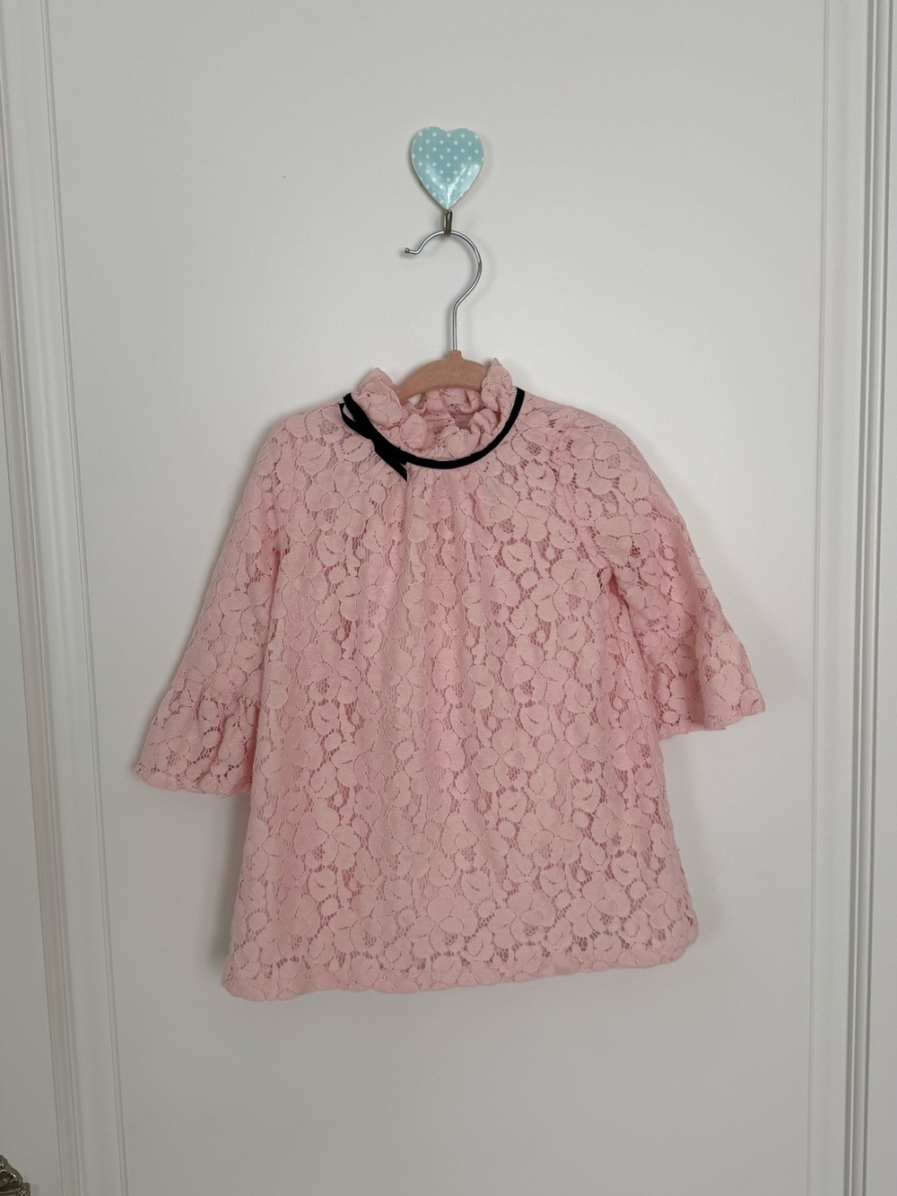 Janie and Jack Pink Lace Long Sleeve Top with Black Bow